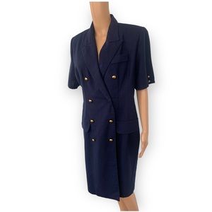 80s Dark Blue Double Breasted Career Dress